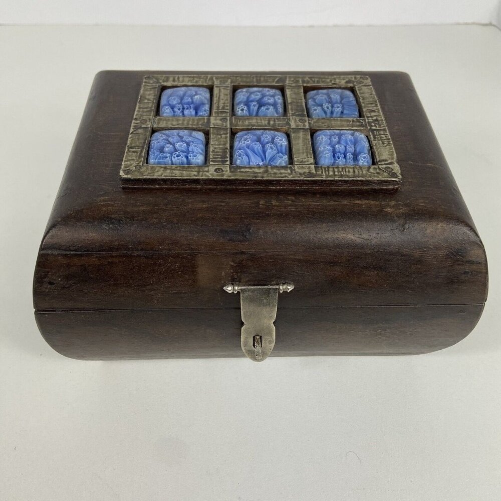 Vtg Wooden Trinket Chest Millefiori Handmade Jewelry Hinged Floral Box